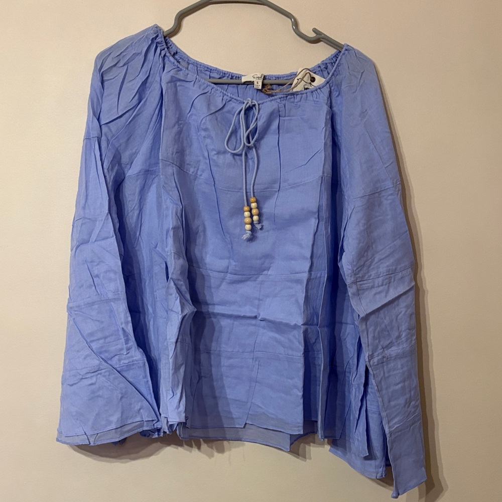 easel Blue Tie-Neck Peasant Tunic with Bead Accents
